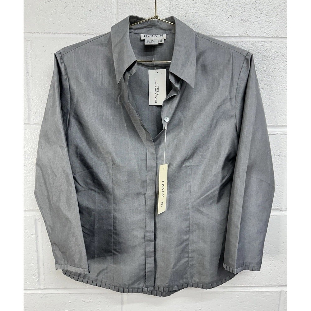 Tracy M. Silk Button Front Shirt Silver Gray Pleated Hem / Women's Small